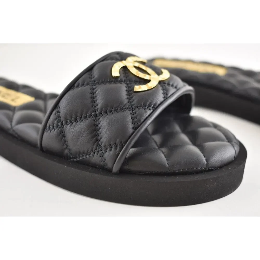 Chanel REV Black Quilted Leather Gold Logo Mule Slide Sandal Flip Flop Flat 35